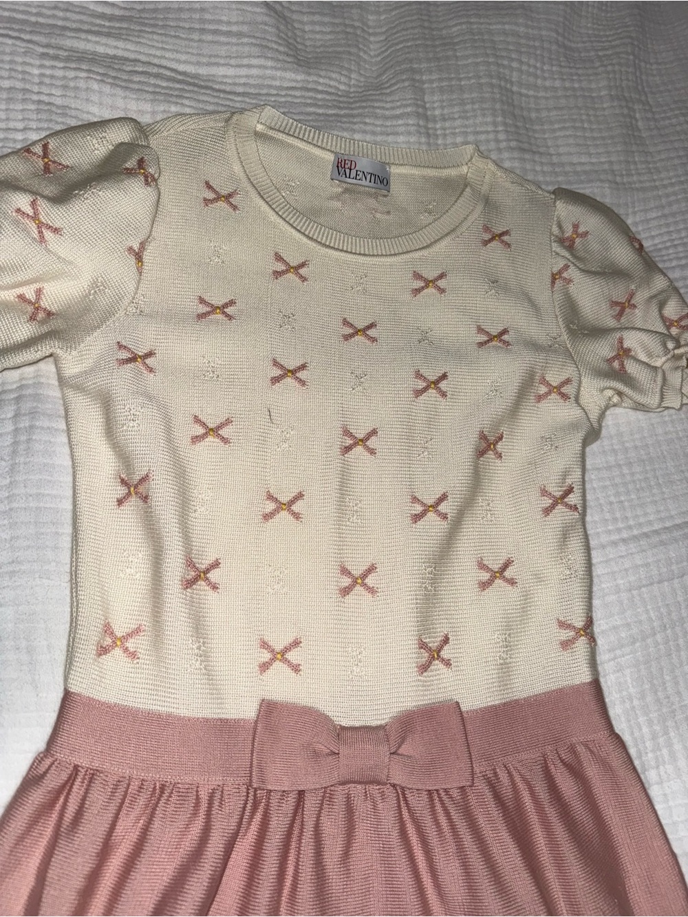 RED Valentino Cream and Pink Bow-Trim Knit Dress - Picture 3 of 5